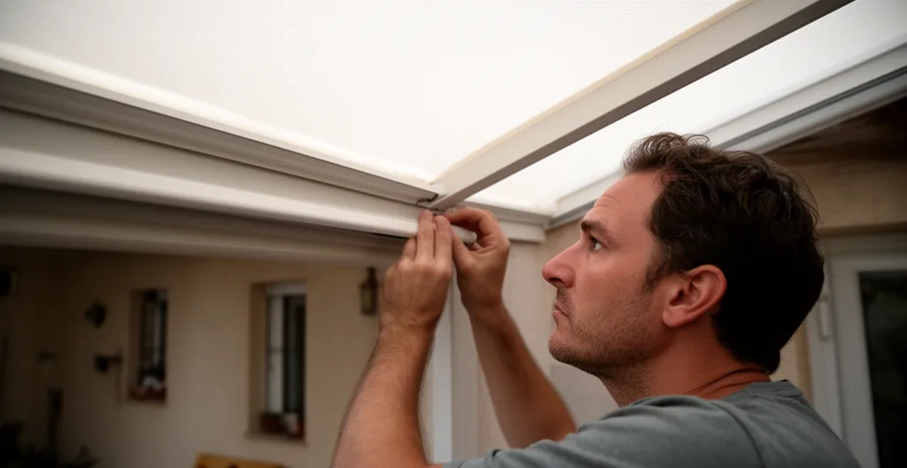 Persona revisando altura y alineación de toldo a dos aguas