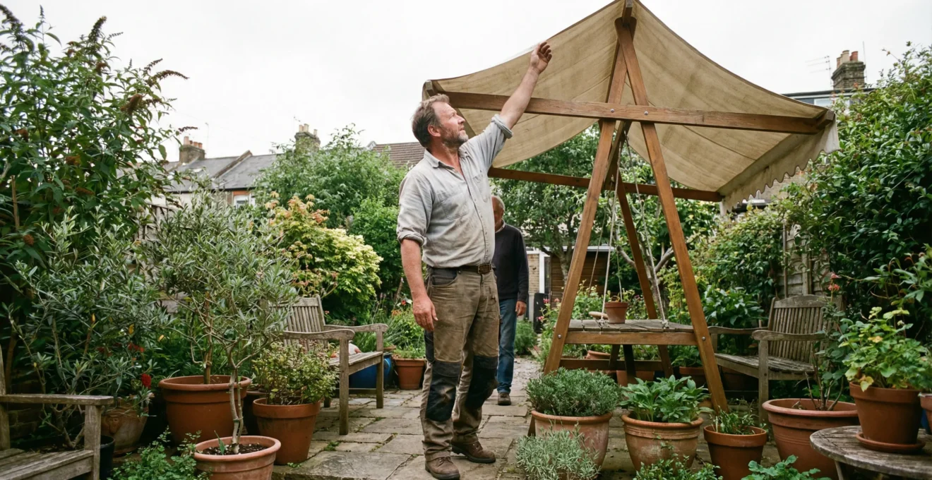 Toldo a dos aguas instalado en jardín residencial con ajuste de posición