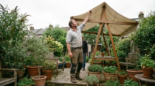 Toldo a dos aguas instalado en jardín residencial con ajuste de posición