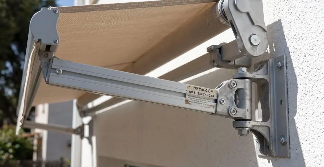 Primer plano del brazo articulado de aluminio de un toldo completamente extendido, mostrando articulaciones metálicas, varilla de extensión y soporte de montaje en pared de estuco blanco