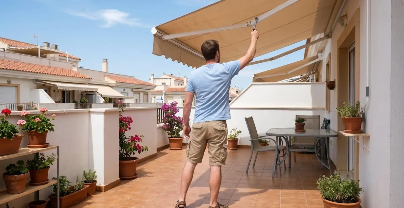 Persona de espaldas en terraza residencial ajustando manualmente el ángulo de inclinación de un toldo beige mediante manivela, luz natural matinal